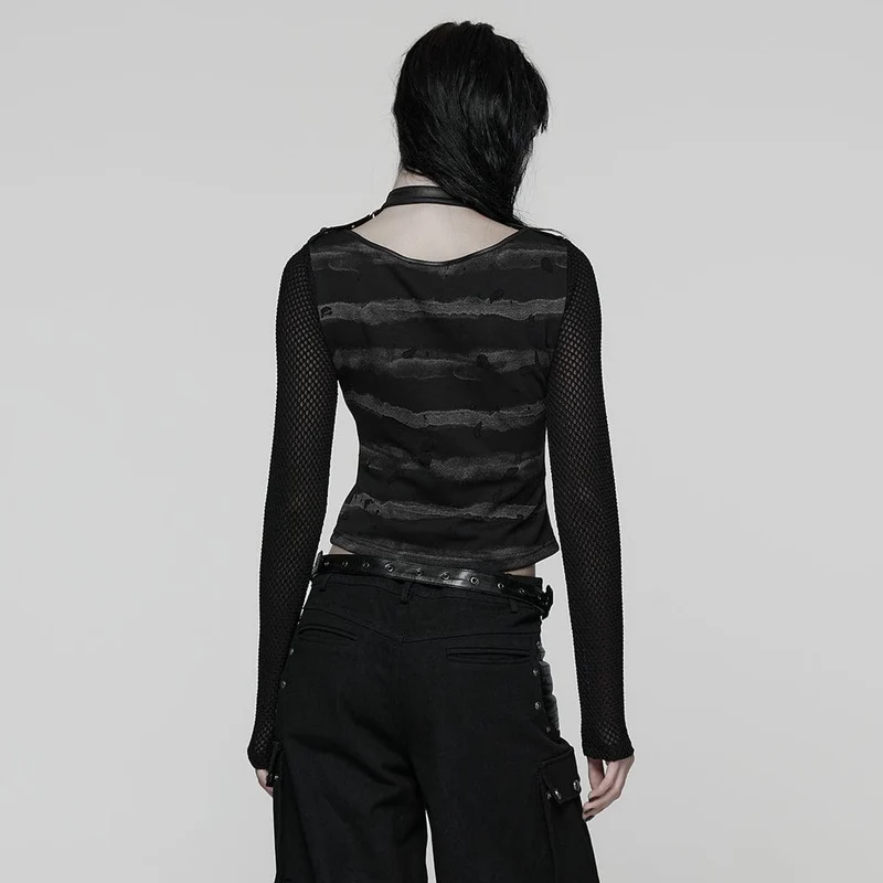 Damen Punk Schnallenriemen Mesh Splice Bedrucktes T-Shirt Schwarz-Grau