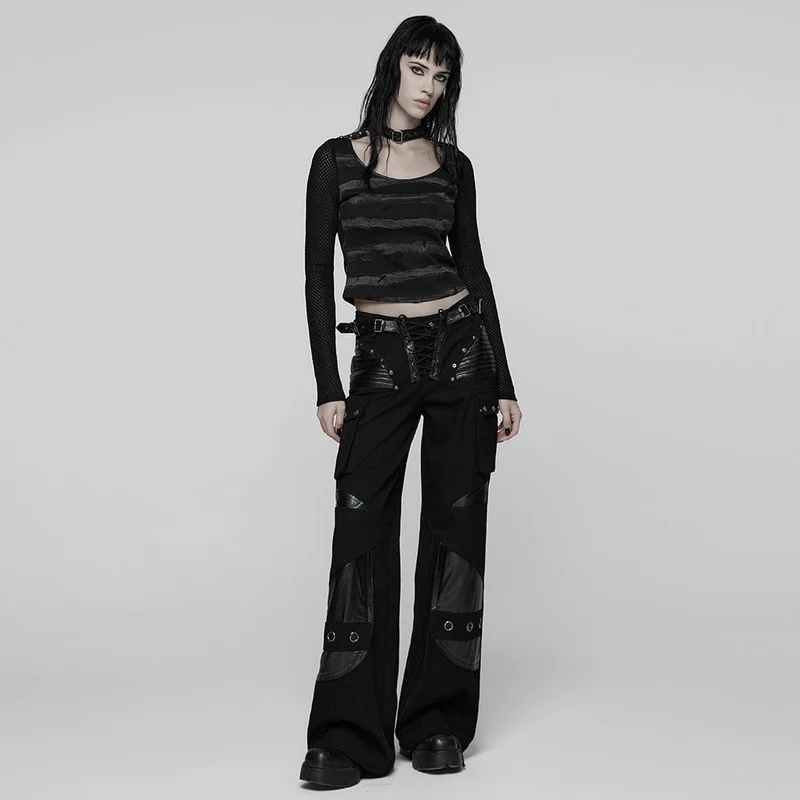 Damen Punk Schnallenriemen Mesh Splice Bedrucktes T-Shirt Schwarz-Grau