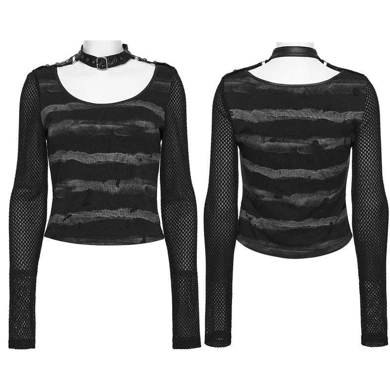 Damen Punk Schnallenriemen Mesh Splice Bedrucktes T-Shirt Schwarz-Grau