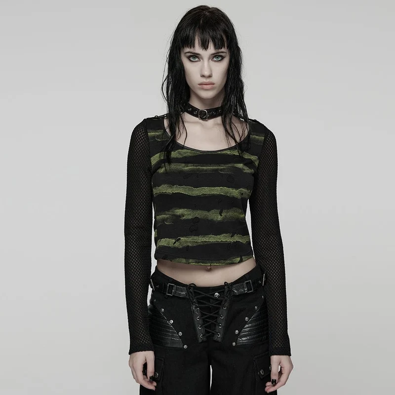 Damen Punk Schnallenriemen Mesh Splice Bedrucktes T-Shirt Schwarz-Grün