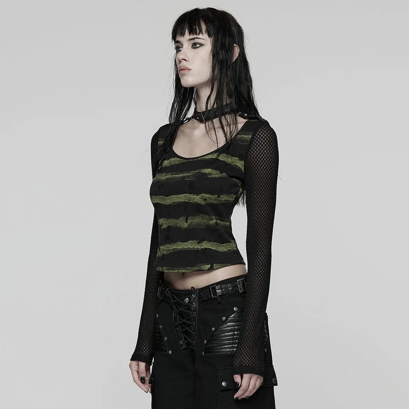 Damen Punk Schnallenriemen Mesh Splice Bedrucktes T-Shirt Schwarz-Grün