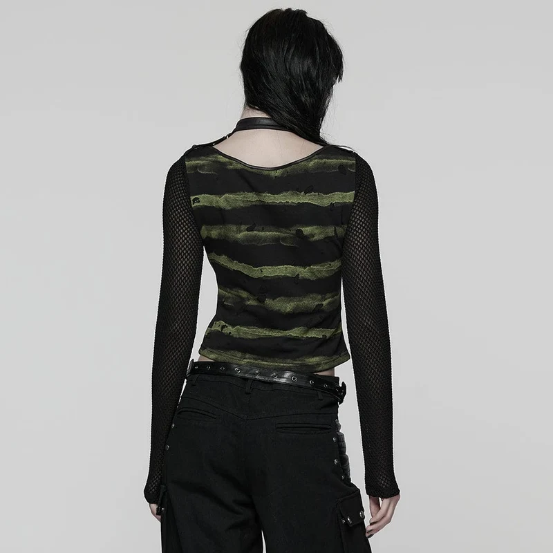 Damen Punk Schnallenriemen Mesh Splice Bedrucktes T-Shirt Schwarz-Grün