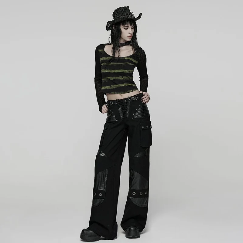 Damen Punk Schnallenriemen Mesh Splice Bedrucktes T-Shirt Schwarz-Grün
