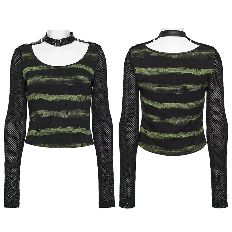 Damen Punk Schnallenriemen Mesh Splice Bedrucktes T-Shirt Schwarz-Grün