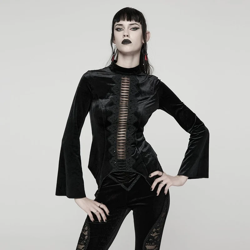 Gothic-Oberteil aus Samt mit Blumenmuster und Häkelausschnitt für Damen