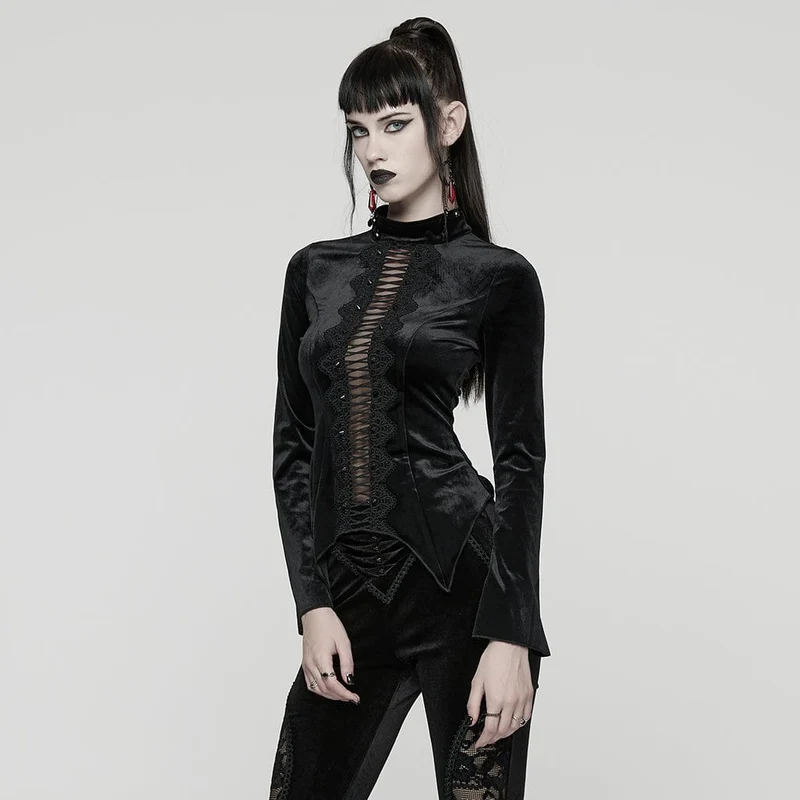 Gothic-Oberteil aus Samt mit Blumenmuster und Häkelausschnitt für Damen