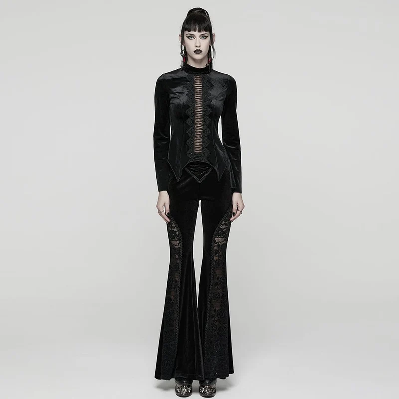 Gothic-Oberteil aus Samt mit Blumenmuster und Häkelausschnitt für Damen