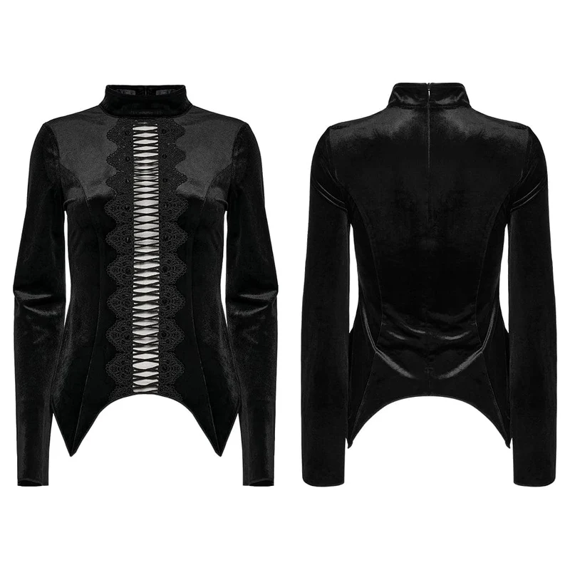 Gothic-Oberteil aus Samt mit Blumenmuster und Häkelausschnitt für Damen