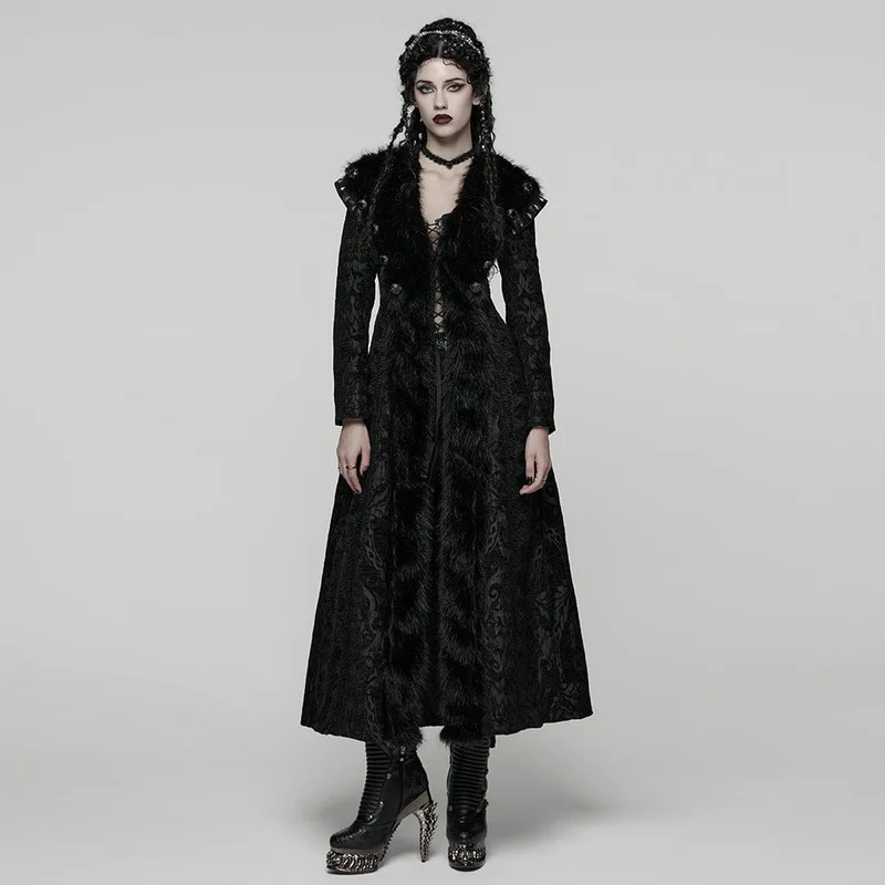 Gothic-Plüsch-Spleiß-Umlegekragenmantel mit Blumenmuster für Damen