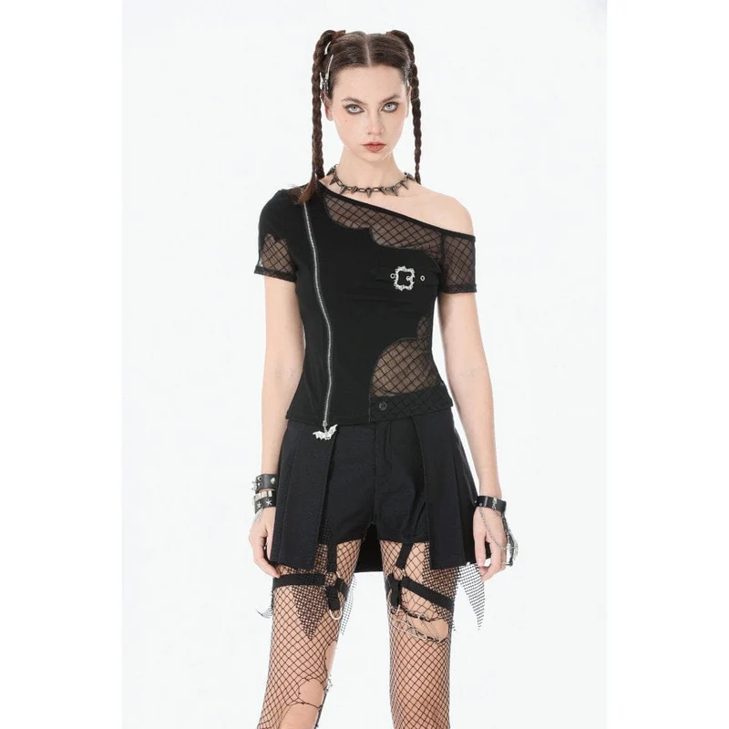 Punk-Mesh-Shorts für Damen mit Falten und Beingurt