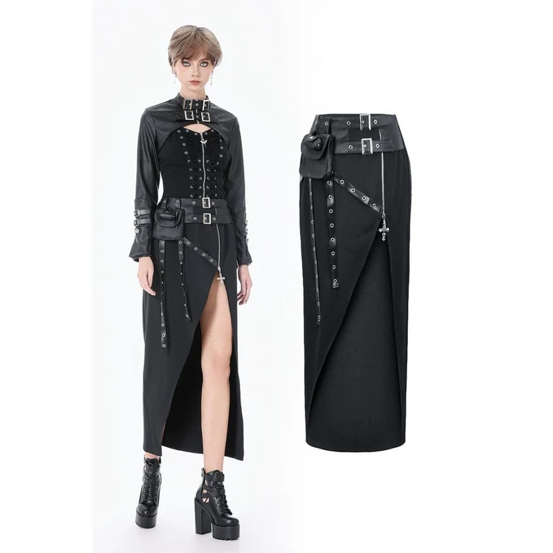 Punk-Rock für Damen, asymmetrisch, mit Ösen, Trägern und Reißverschluss, lang