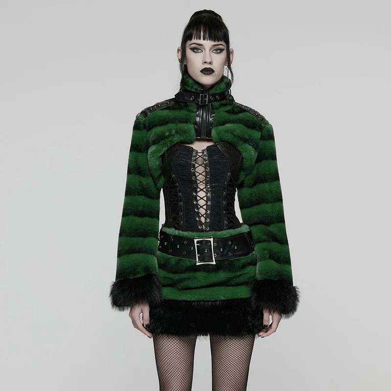 Damen Punk Schnallenriemen Stehkragen Kunstpelz Kurzer Umhang Grün