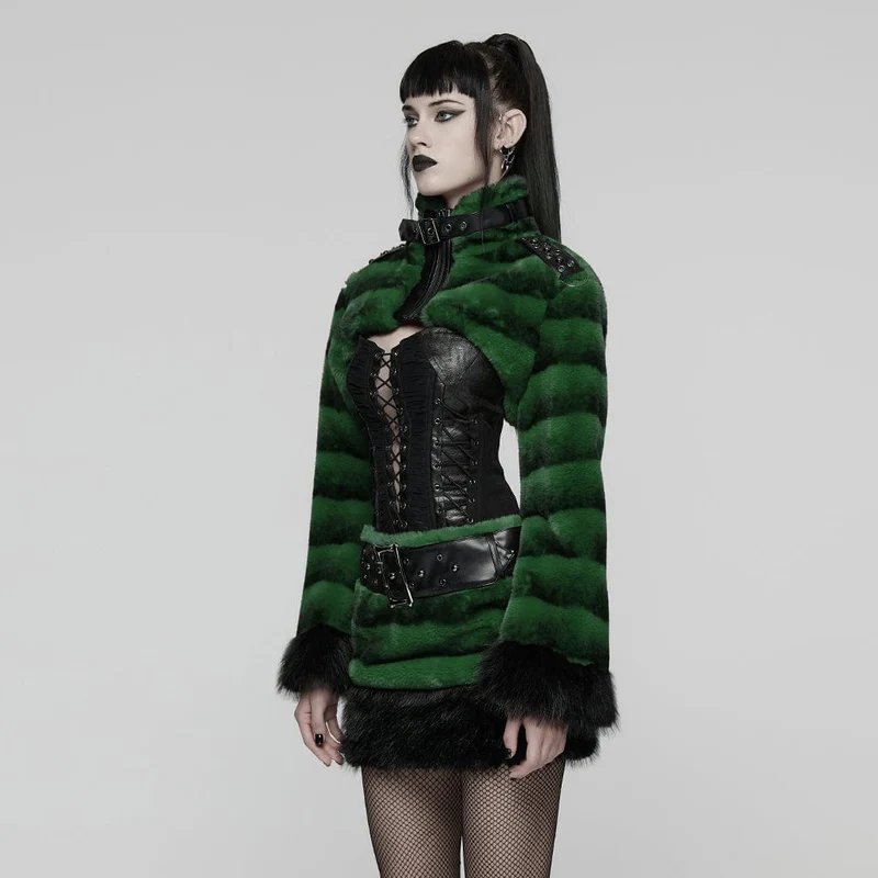 Damen Punk Schnallenriemen Stehkragen Kunstpelz Kurzer Umhang Grün