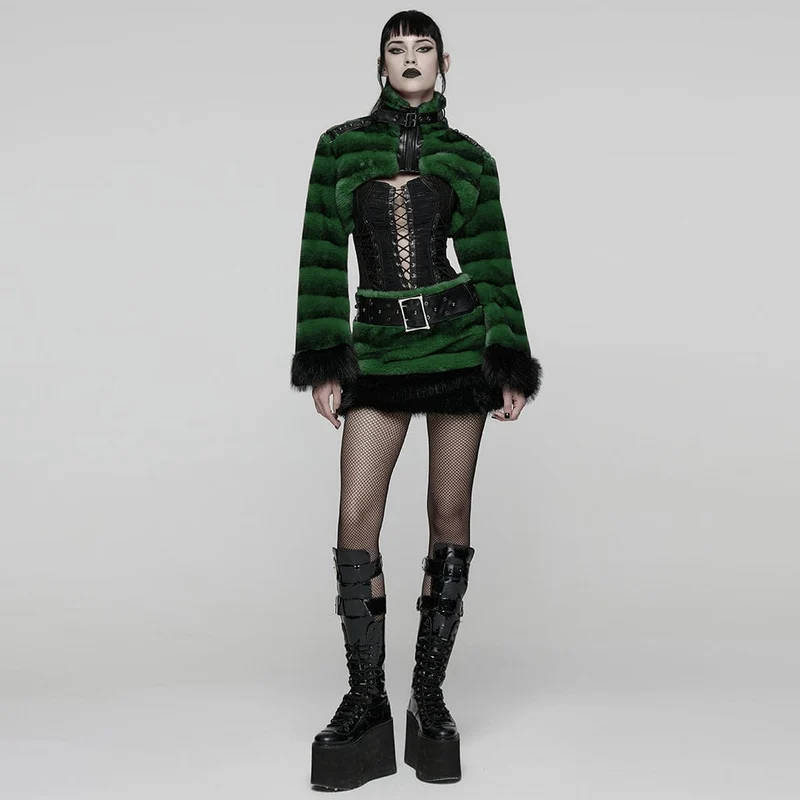 Damen Punk Schnallenriemen Stehkragen Kunstpelz Kurzer Umhang Grün