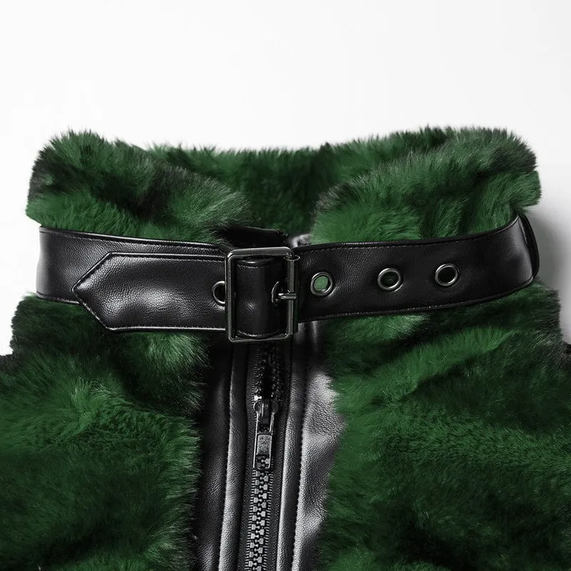 Damen Punk Schnallenriemen Stehkragen Kunstpelz Kurzer Umhang Grün