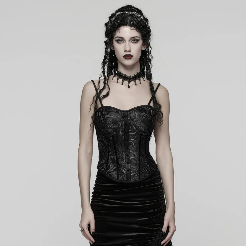Gothic Rose Jacquard Überbrustkorsett mit Schnürung für Damen, Schwarz