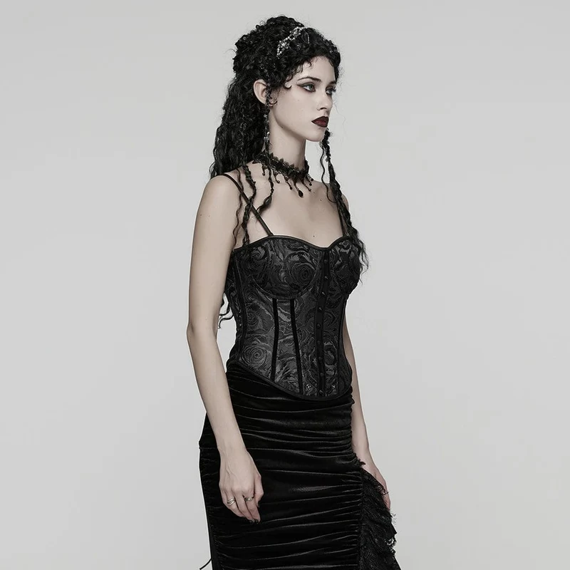 Gothic Rose Jacquard Überbrustkorsett mit Schnürung für Damen, Schwarz