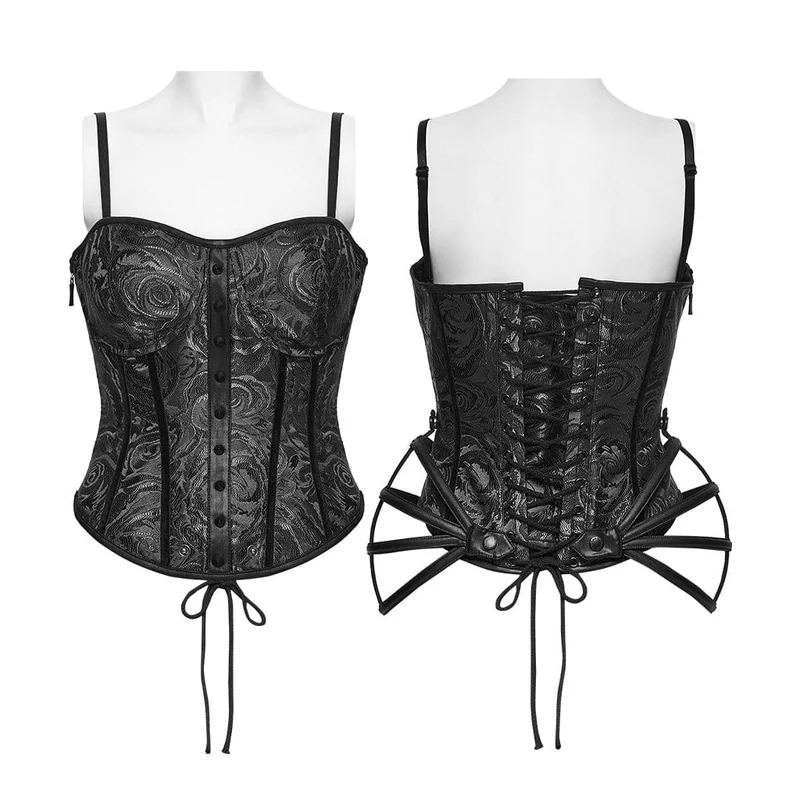 Gothic Rose Jacquard Überbrustkorsett mit Schnürung für Damen, Schwarz