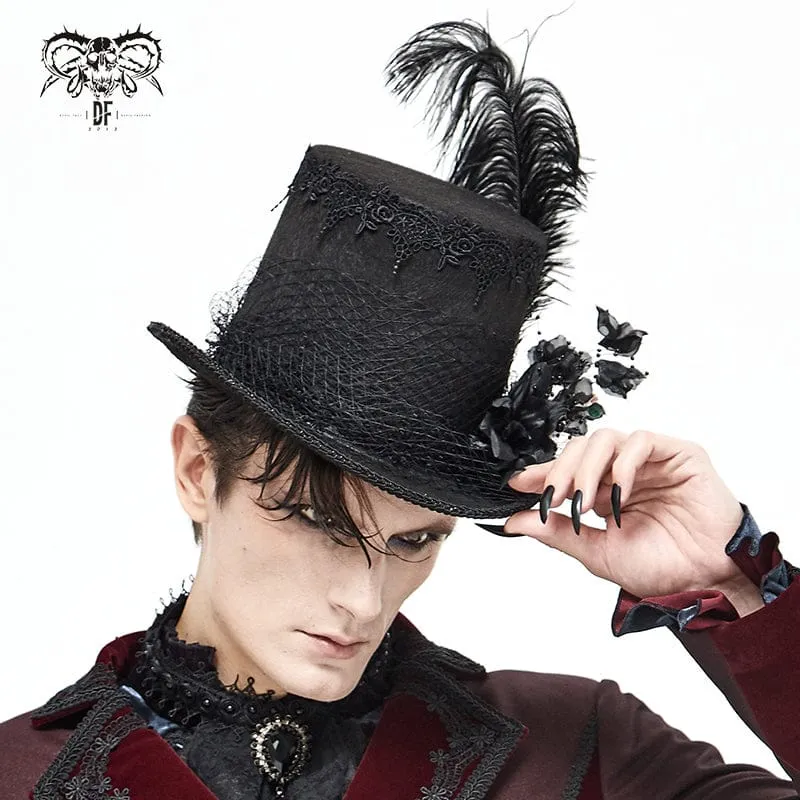 Unisex Gothic Noir Zylinderhut mit Blumenmuster und Federn sowie Netzschleier