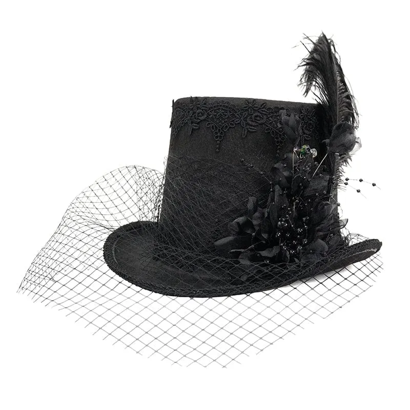 Unisex Gothic Noir Zylinderhut mit Blumenmuster und Federn sowie Netzschleier
