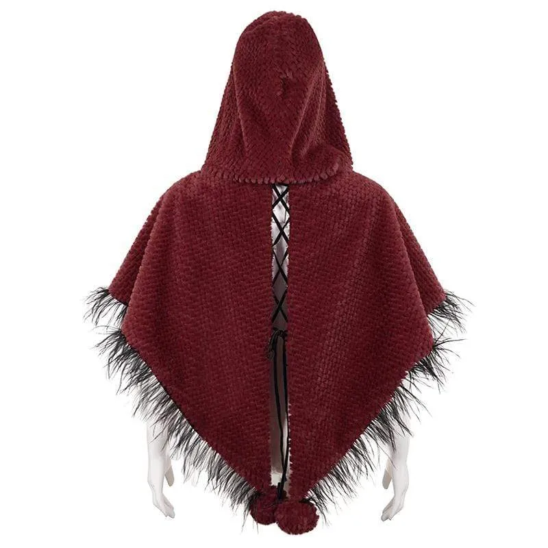 Damen Gothic Riemchen Umhang mit Kapuze Rot