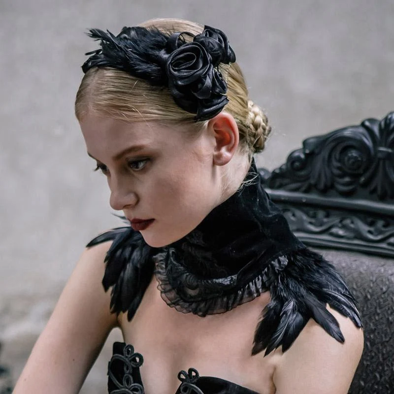 Damen Goth Velvet & Feather Kragen
