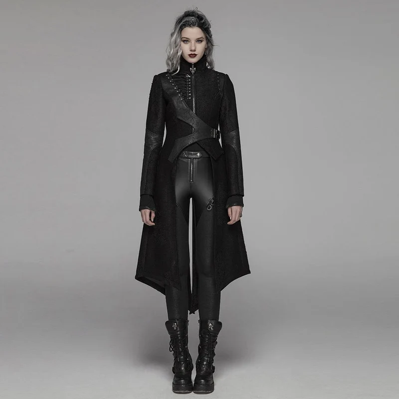Damen-Langjacke aus Kunstleder mit Punk-Schnürung und Schnalle