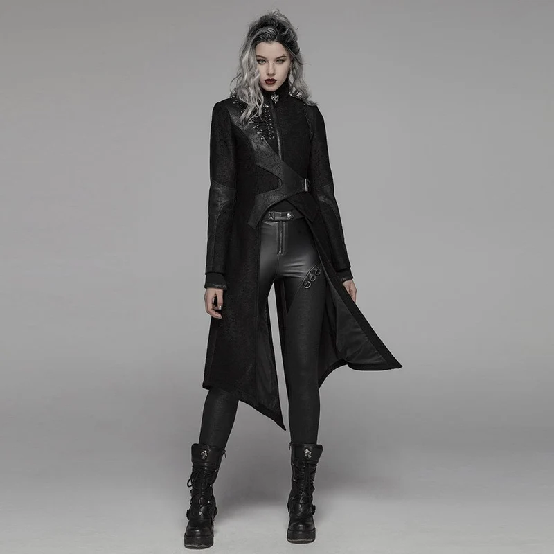 Damen-Langjacke aus Kunstleder mit Punk-Schnürung und Schnalle