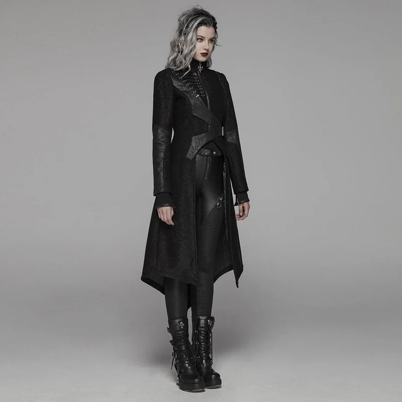 Damen-Langjacke aus Kunstleder mit Punk-Schnürung und Schnalle