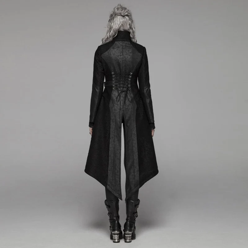 Damen-Langjacke aus Kunstleder mit Punk-Schnürung und Schnalle