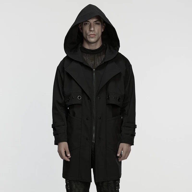 Herren Punk-Kapuzenjacke mit Ösen und Umlegekragen