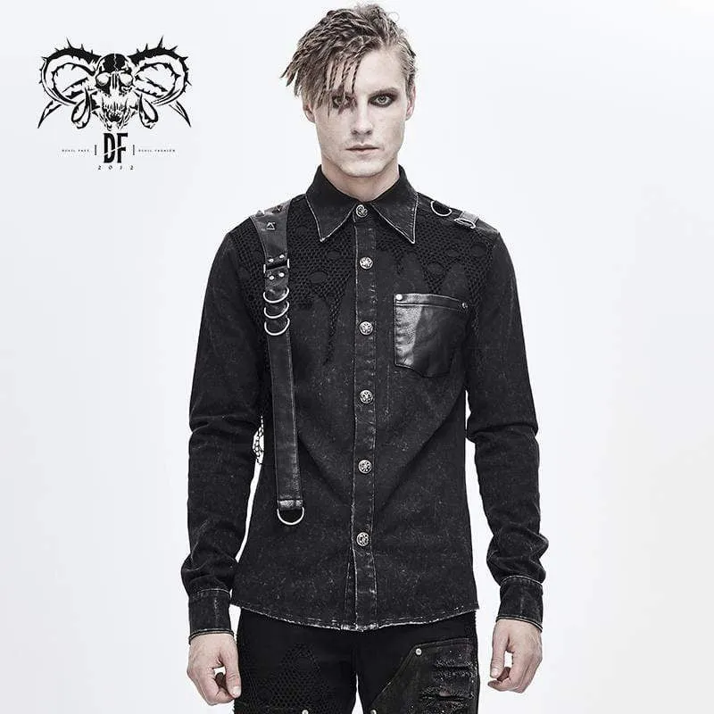 Herren Punk Mesh Applique Harness Denim Shirts
