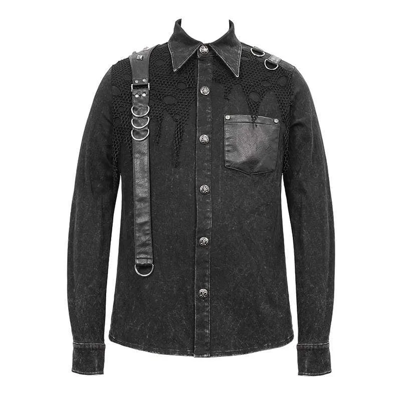 Herren Punk Mesh Applique Harness Denim Shirts