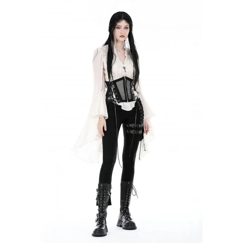 Steampunk-Shirt für Damen mit Rüschen, ausgestellten Ärmeln und V-Ausschnitt