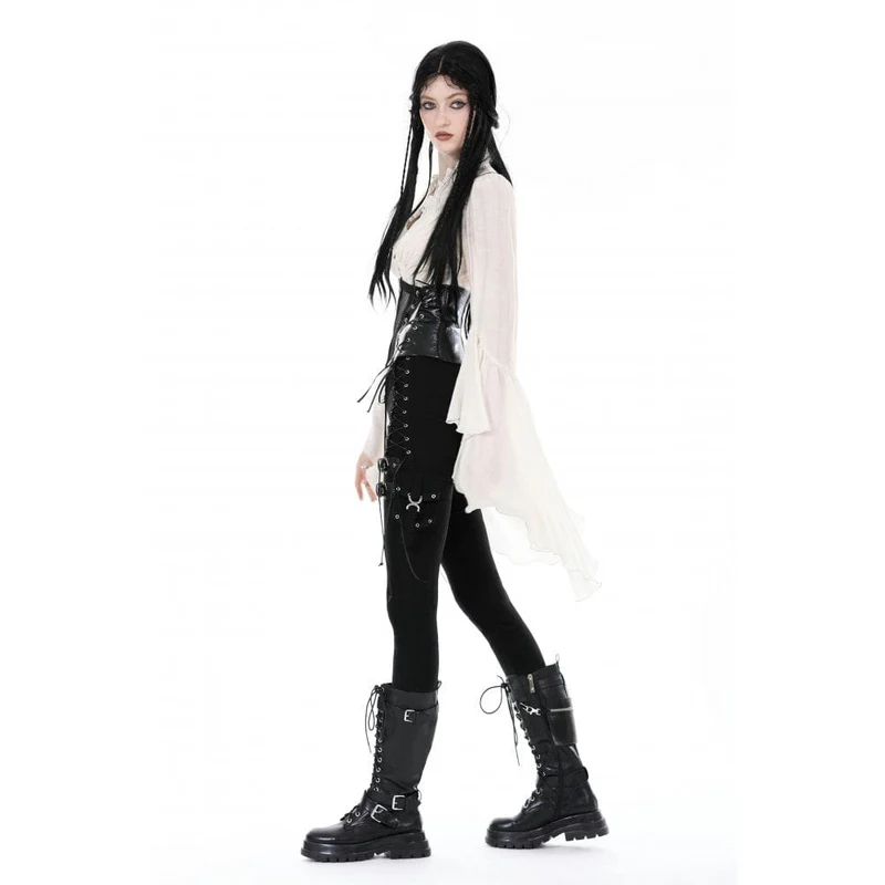 Steampunk-Shirt für Damen mit Rüschen, ausgestellten Ärmeln und V-Ausschnitt