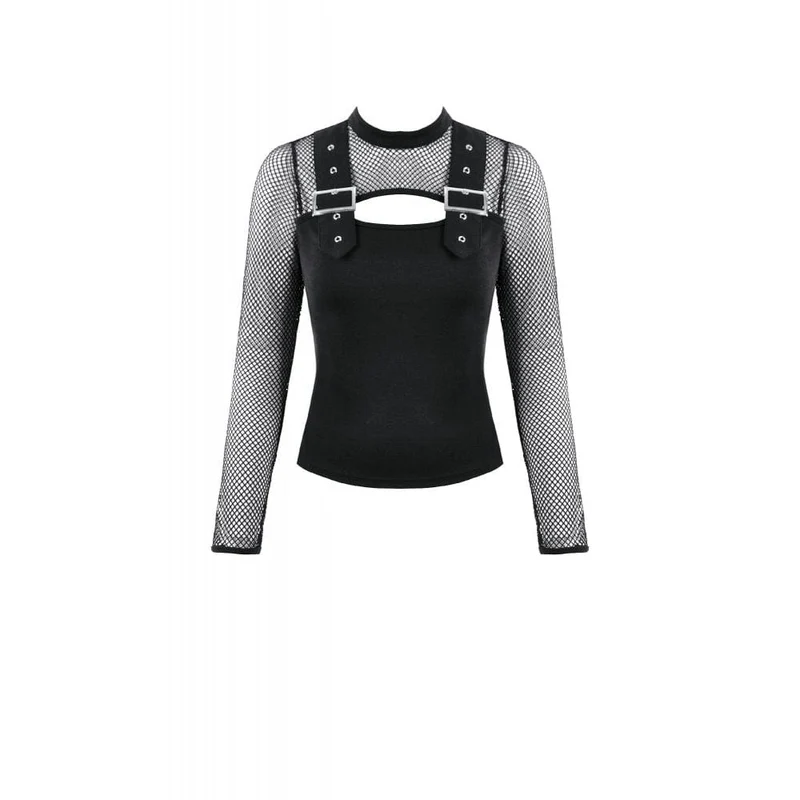 Damen Punk Cut-out Mesh Splice Top mit Schnallenriemen