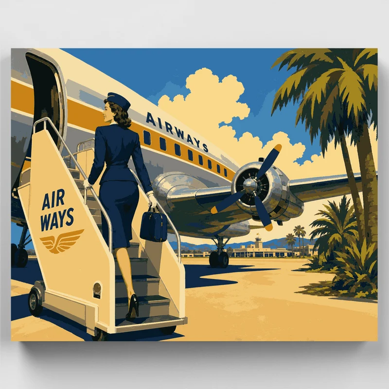 Stewardess Boarding Airliner - Paint by Numbers Kit