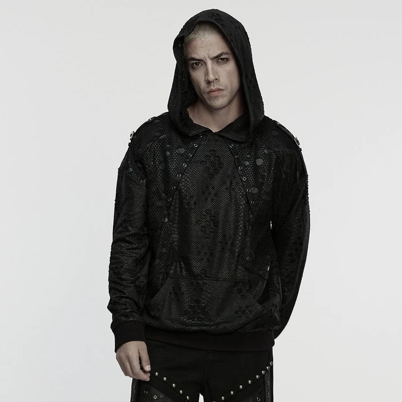 Herren Punk Eyelets Ripped Loose Hoodie