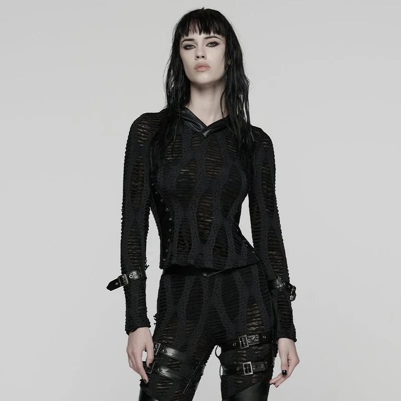 Zerrissenes Punk-T-Shirt mit Schnallenriemen für Damen
