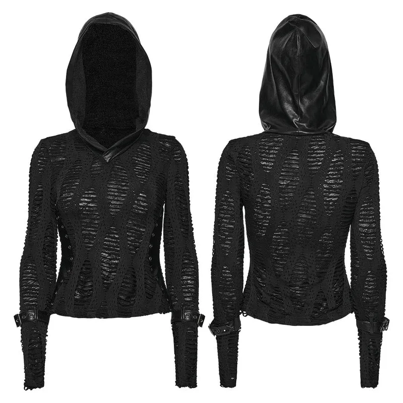 Zerrissenes Punk-T-Shirt mit Schnallenriemen für Damen