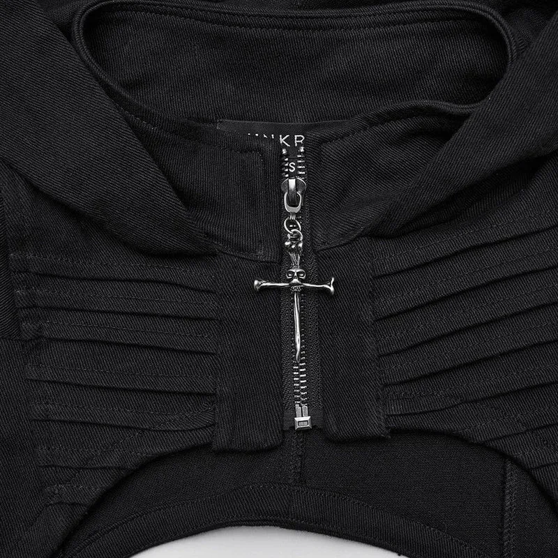 Damen Punk-Weste mit gerüschtem Reißverschluss und kurzer Kapuze