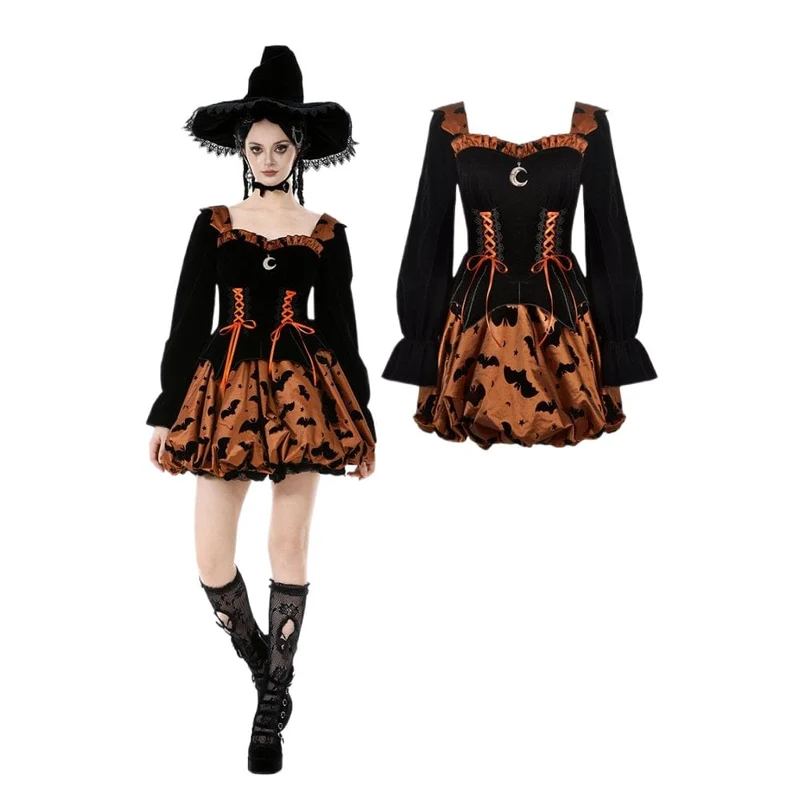 Damen Gothic Fledermaus bedrucktes Kürbis-Halloween-Kleid mit Schnürung