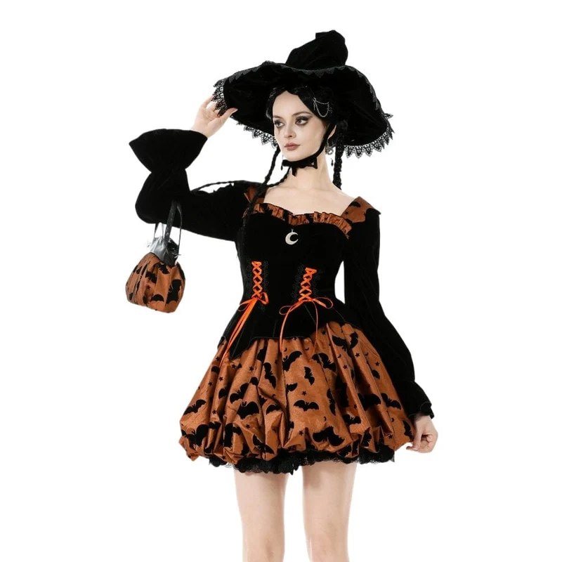 Damen Gothic Fledermaus bedrucktes Kürbis-Halloween-Kleid mit Schnürung