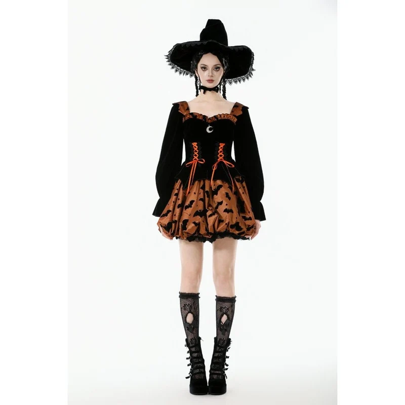 Damen Gothic Fledermaus bedrucktes Kürbis-Halloween-Kleid mit Schnürung