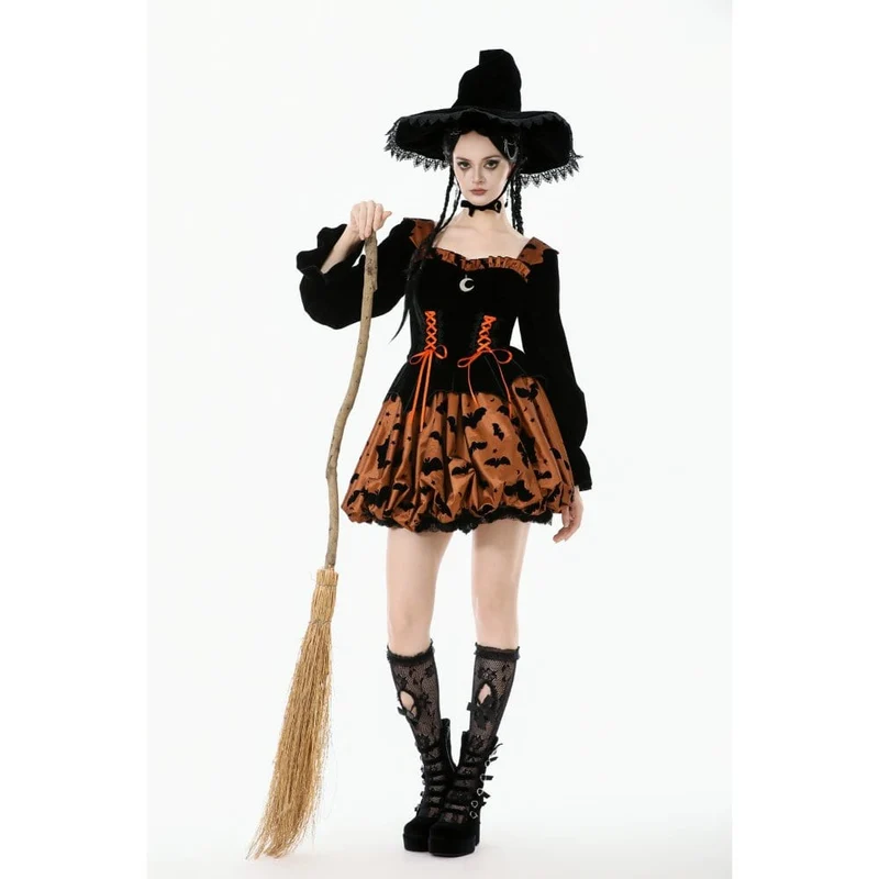 Damen Gothic Fledermaus bedrucktes Kürbis-Halloween-Kleid mit Schnürung