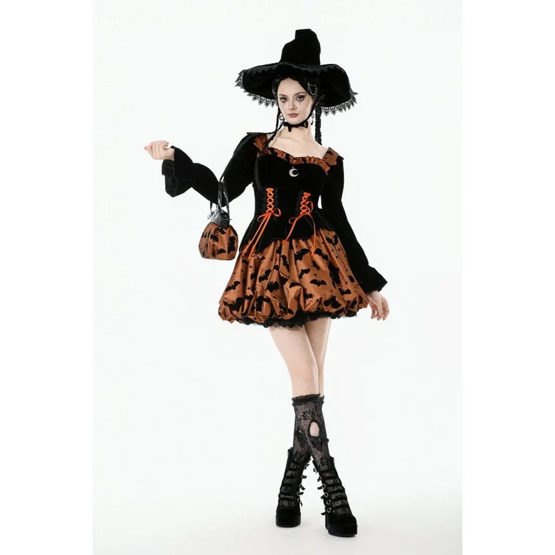 Damen Gothic Fledermaus bedrucktes Kürbis-Halloween-Kleid mit Schnürung