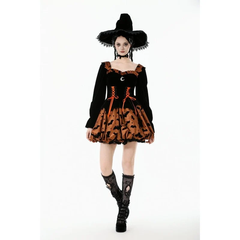 Damen Gothic Fledermaus bedrucktes Kürbis-Halloween-Kleid mit Schnürung
