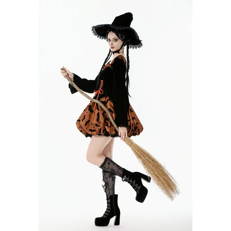 Damen Gothic Fledermaus bedrucktes Kürbis-Halloween-Kleid mit Schnürung