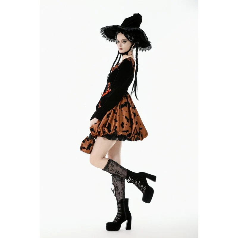 Damen Gothic Fledermaus bedrucktes Kürbis-Halloween-Kleid mit Schnürung