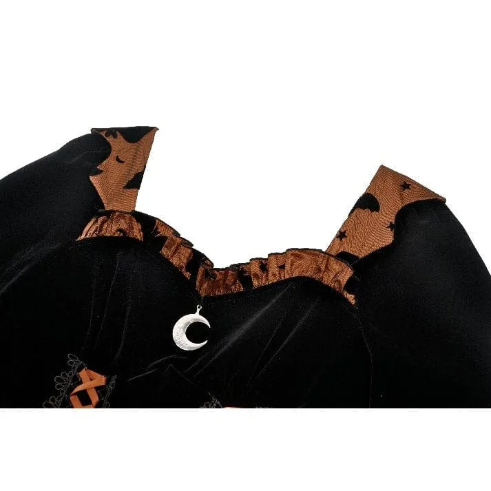 Damen Gothic Fledermaus bedrucktes Kürbis-Halloween-Kleid mit Schnürung